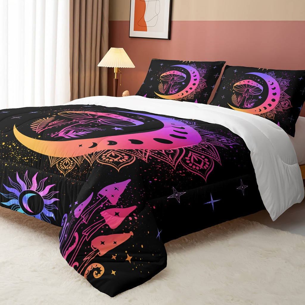 3Pcs Sun And Moon Bedding Set, Mushroom Comforter Set Boho Exotic Style Bedding Set Cosmic Planets, Bohemian Bedding Astrology Comforter For Adults Women, 1 Quilt 2 Pillowcases, Black