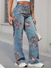 Women's Floral Print Straight-Leg Jeans - Casual High-Rise Denim with Slash Pockets, Machine Washable