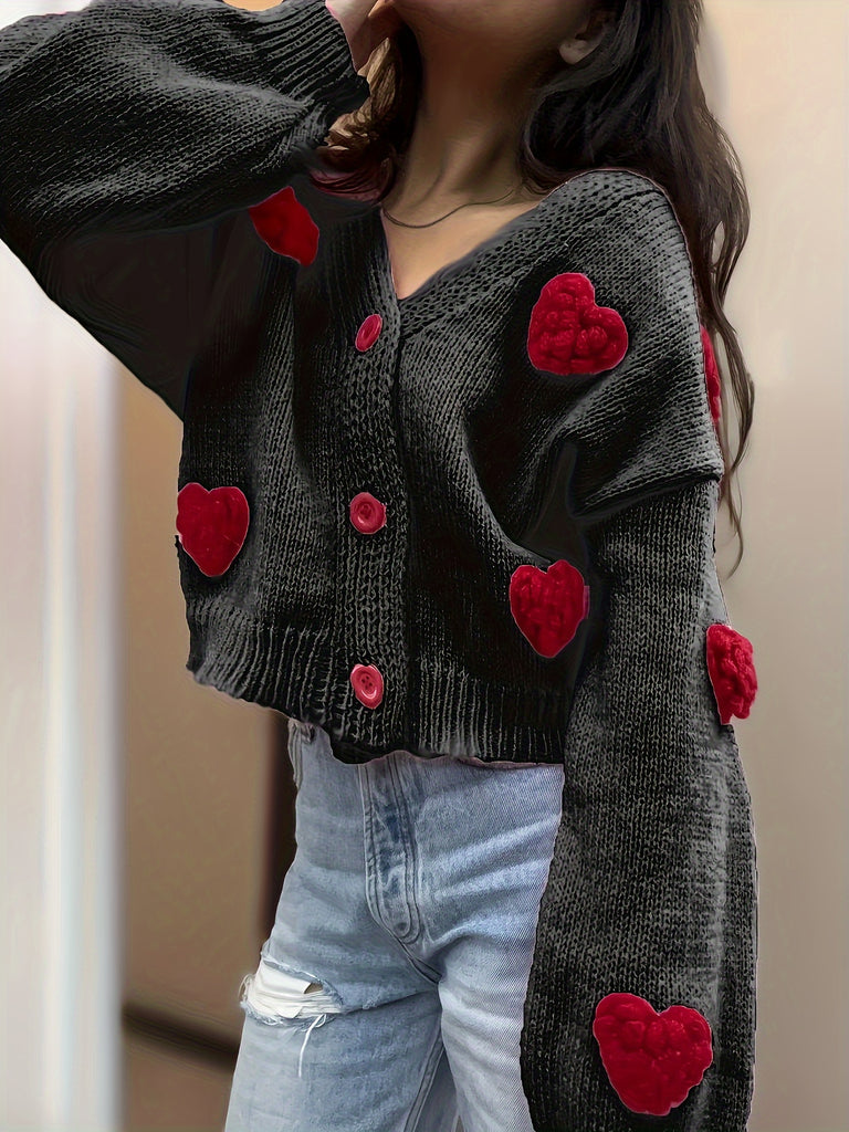 Heart Pattern Button Down Knit Cardigan, Casual V Neck Long Sleeve Loose Sweater, Women's Clothing