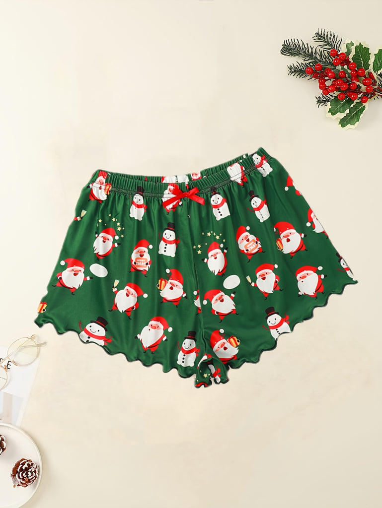 1 Set Festive Christmas Print Santa Claus Women'S Sleepwear Shorts, Sexy Wavy Hem Lounge Pants, Polyester Knit Fabric, Adult Pajama Set for All Seasons