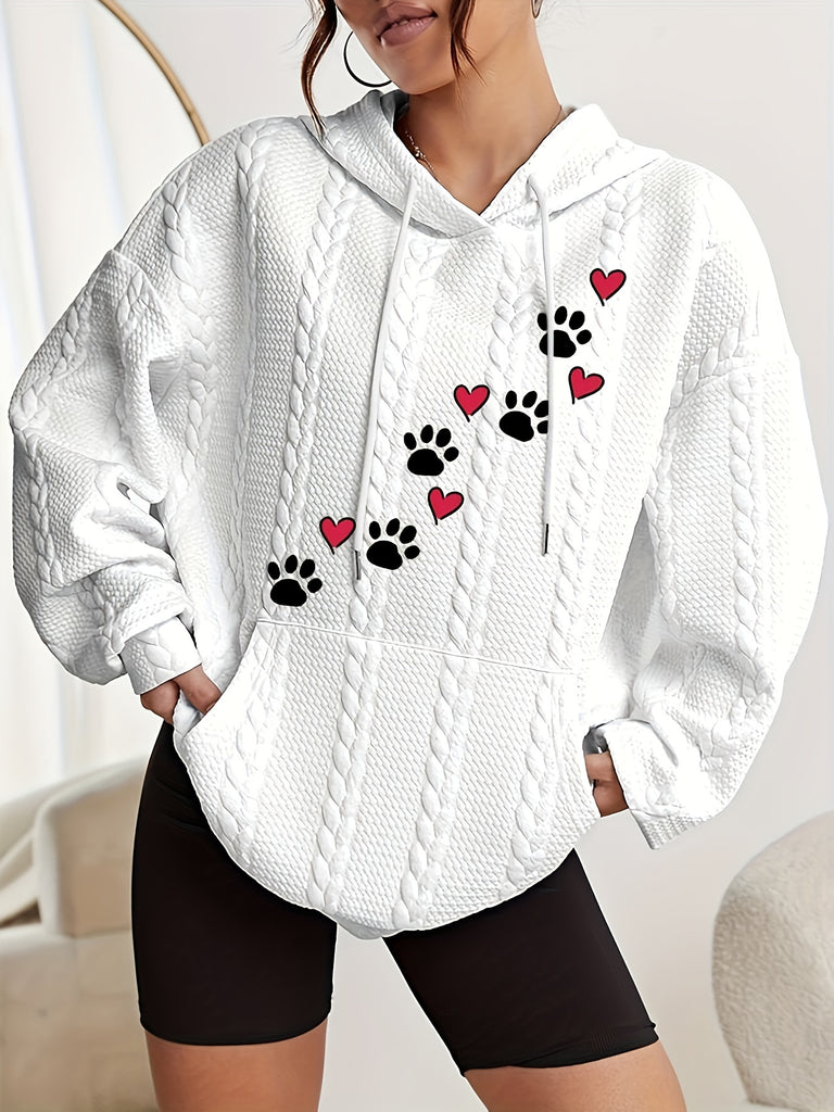 Paw & Heart Print Kangaroo Pocket Hoodie, Casual Long Sleeve Drawstring Hooded Sweatshirt, Women's Clothing