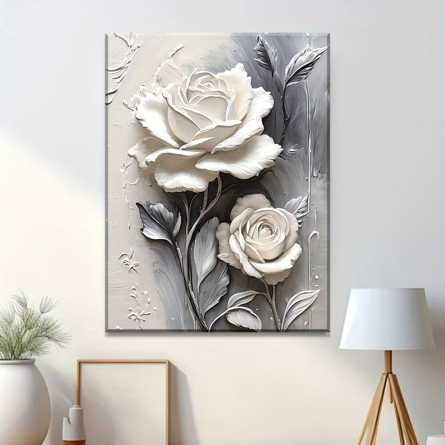 Elegant White Rose 3D Embossed Canvas Art - Modern Floral Wall Decor for Living Room, Bedroom, Office & More - Framed HD Print Oil Painting with Pine Wood Frame - Perfect Gift for Halloween, Thanksgiving, Christmas