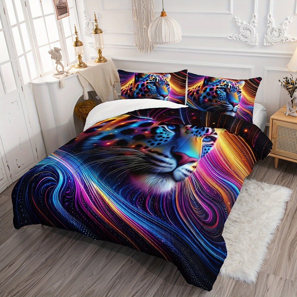 Leopard Comforter Set Rainbow Comforter, Cheetah Printed Bedding Set, Colorful Animal Duvet Set with 1 Comforter and 2 Pillowcases