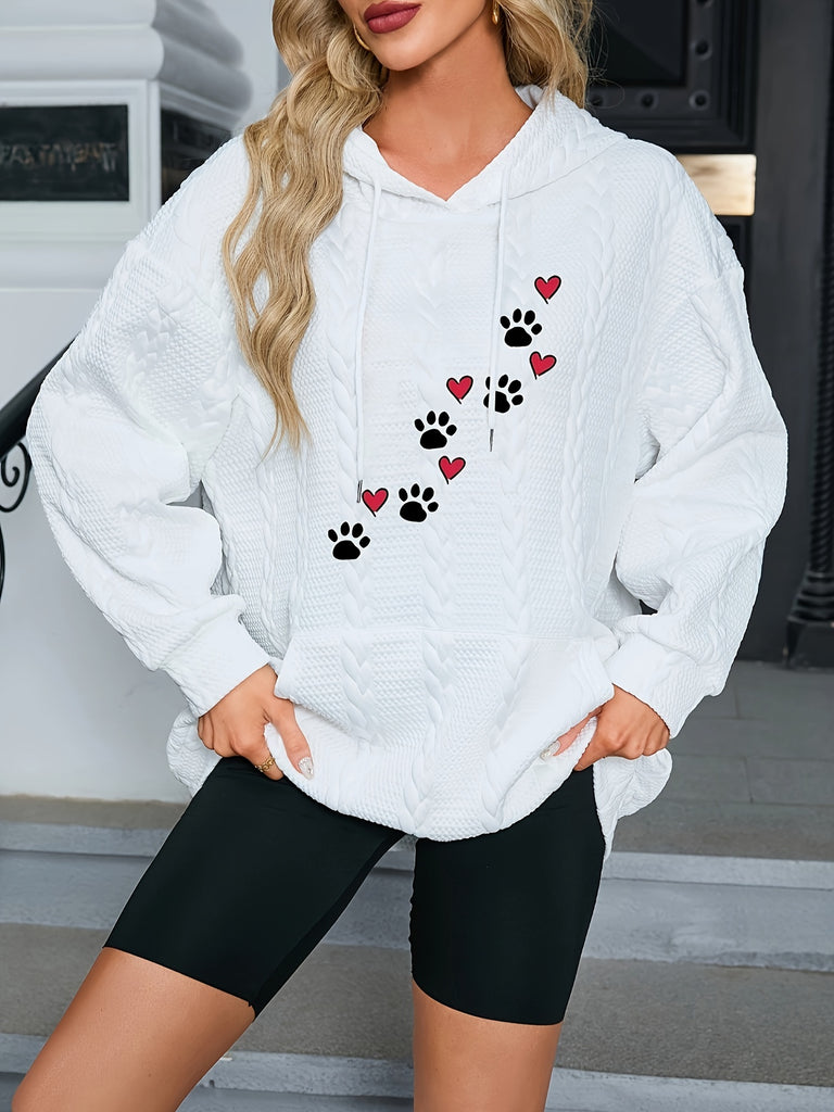 Paw & Heart Print Kangaroo Pocket Hoodie, Casual Long Sleeve Drawstring Hoodie Sweatshirt, Women's Clothing