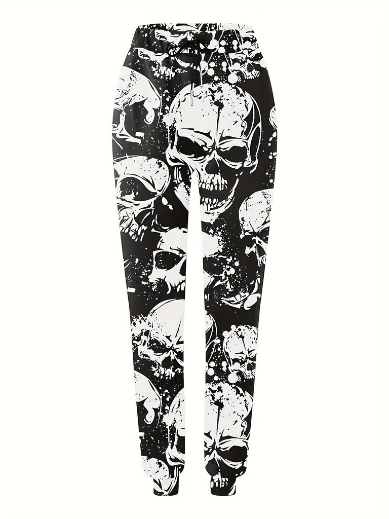 Spooky Halloween Skull Print Long Joggers - Casual, Drawstring, Micro Elastic Waist, Polyester Fabric, Machine Washable, Random Print Design - Womens All-Season Loose Fit Pants For Adults