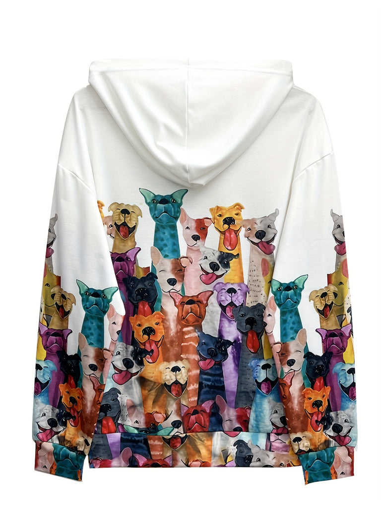 Dogs Print Hoodie, Casual Long Sleeve Drop Shoulder Hoodie, Women's Clothing