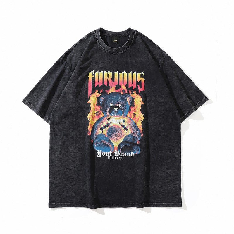 TKPA American Style Hip Hop Retro Washed And Worn Angel Print Short Sleeve