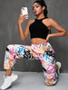 Graffiti Print Fitted Bottom Joggers, Casual High Waist Pants For Spring & Fall, Women's Clothing