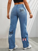 Women's Butterfly Print Cut Holes Cut Fashion Denim Straight Leg High Waist Color Denim Pants