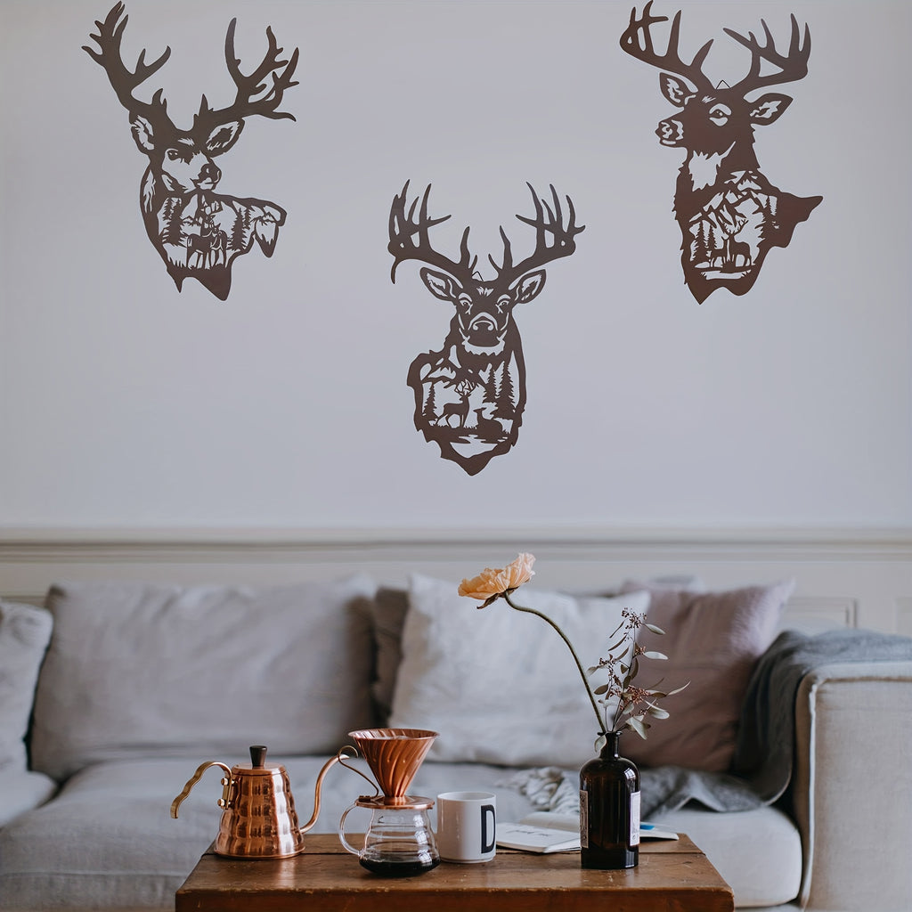 Set Of 3pcs, 17 Inch Large Metal Deer Wall Art Decor, Rustic Cabin Decor, Hunting Decor For Home Bathroom Bedroom Lodge, Deer In The Forest Pine Tree