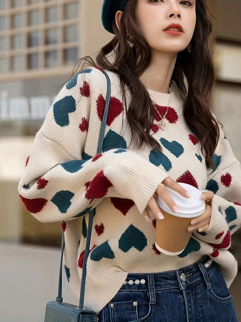 Heart Pattern Drop Shoulder Sweater, Casual Long Sleeve Sweater For Winter & Fall, Women's Clothing