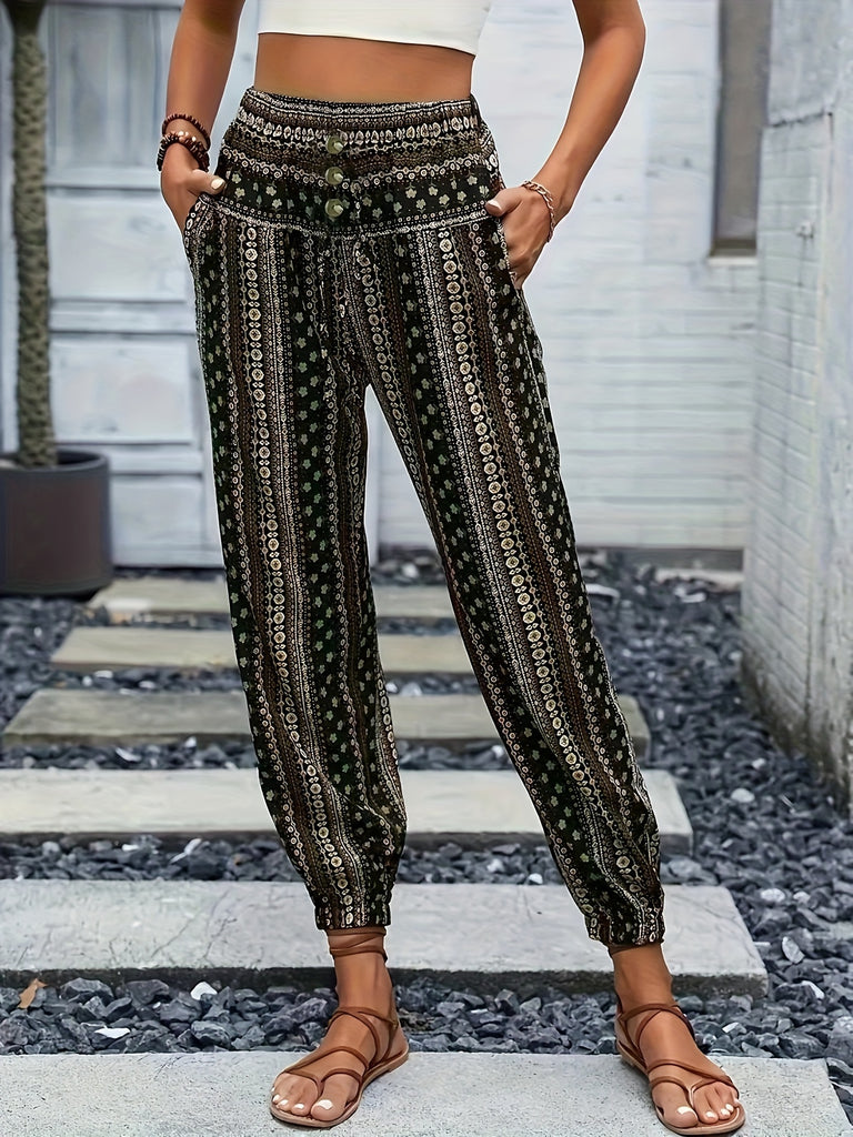 Chic Tribal Print Boho Jogger Pants - Fashionable High Waist, Comfortable Loose Fit with Eye-Catching Buttons - Perfect for Spring & Summer - Womens Bohemian Style Clothing