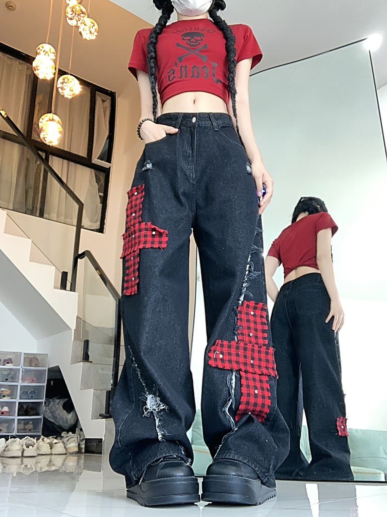 Plaid Print Cross Patchwork Streetwear Chic Loose Fit Wide Leg Jeans, Women's Denim Jeans & Clothing