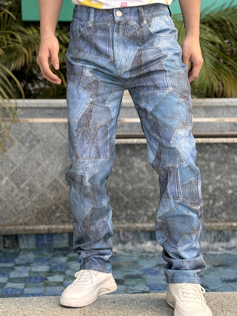 American Men'S Printed Faux Denim Pants, Fashion Street Straight Tube Style, Trend Full 3D Digital Printing, Suitable For All Occasions, Straight Tube Pants, Full Strip Fashion Printing Design, Suitable For All Seasons, So Young Men Special Choice