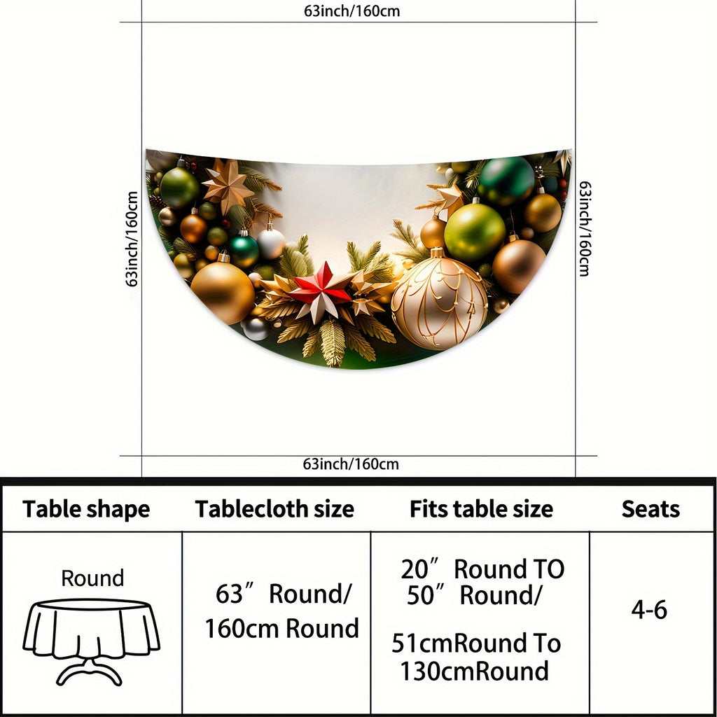 Golden Star & Green Leaf Christmas Tablecloth - Waterproof, Colorful Round Polyester Cover for Dining & Outdoor Use, Perfect for Parties, BBQs, Picnics - 63 Inch