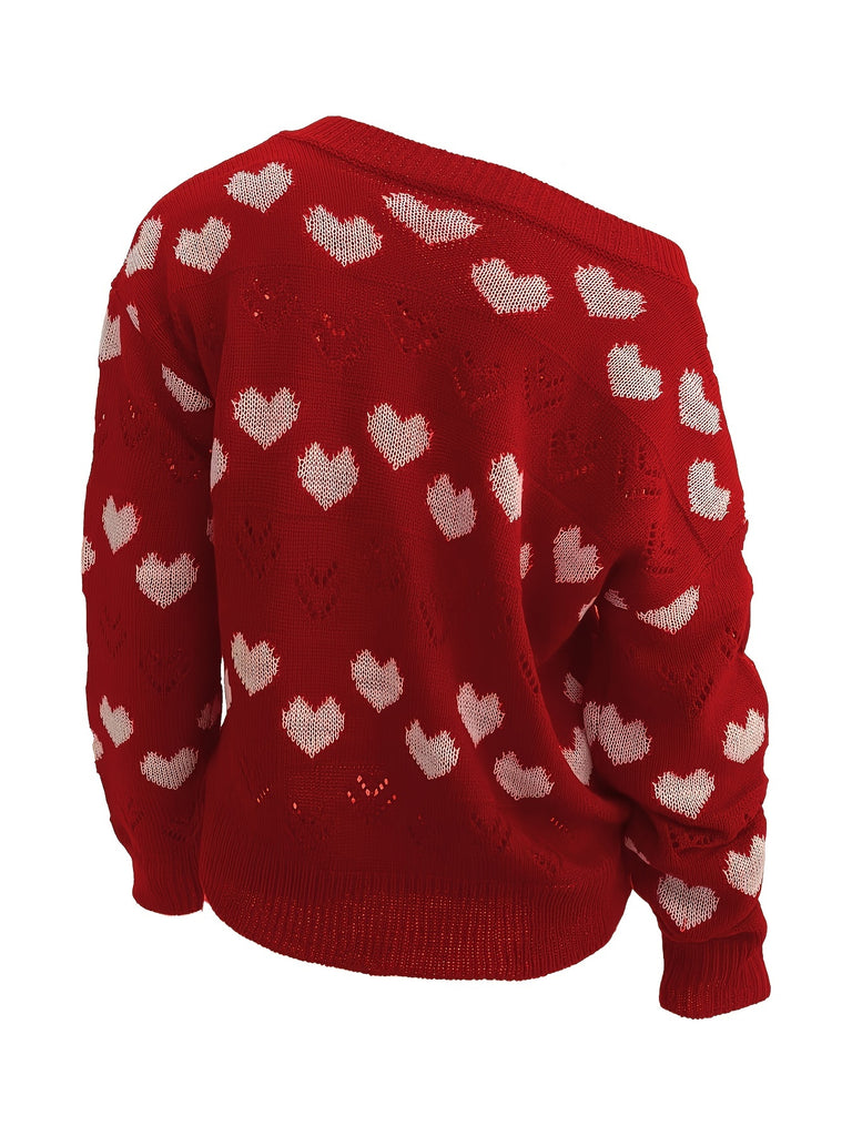 Valentine's Day Heart Pattern Knit Sweater, Casual Long Sleeve Pullover Sweater, Women's Clothing