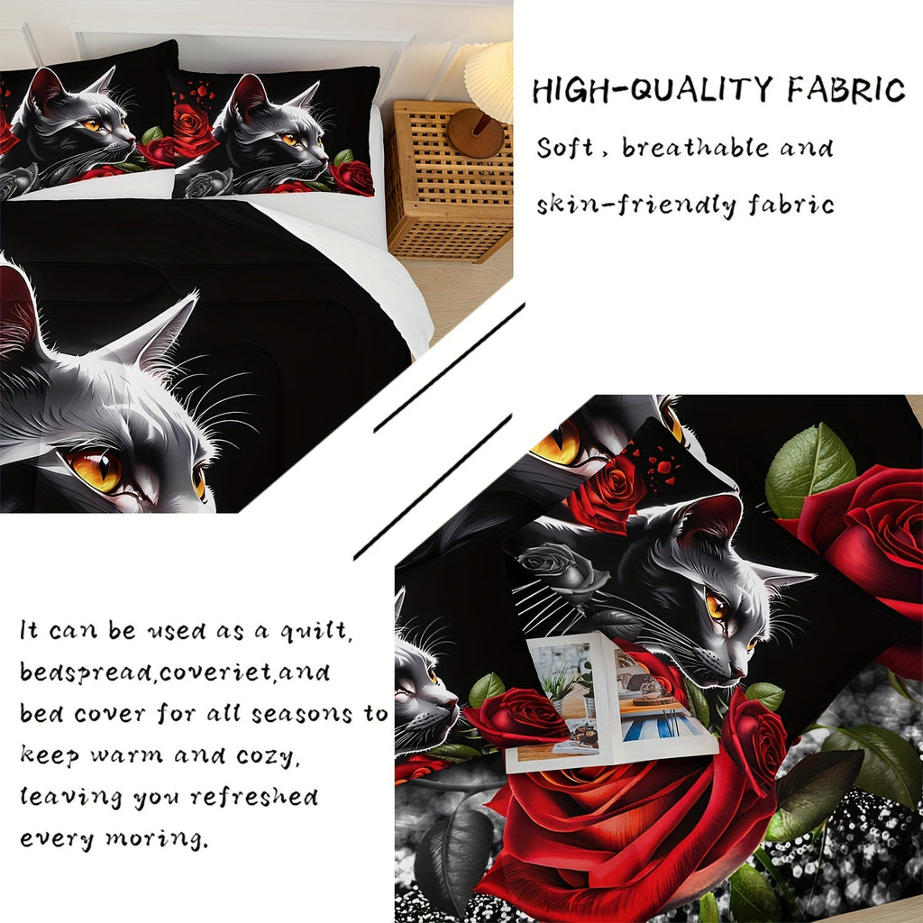 Cartoon Cat Comforter Set Rose Bedding Red And Black Comforter 3 Piece Set (1 Bed Comforter + 2 Pillowcases), Comforter For All Seasons, Soft, Comfortable And Breathable Printed Bedding For Home Dormitory Decoration