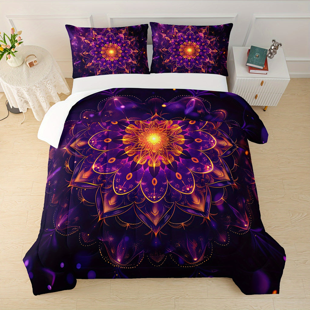 3-pcs Bohemian Purple Wreath Style Duvet Set, Artistic Tie Dye Printed Bedding Design, Creatively Designed Adult Duvet Set (1*Comforter + 2*Pillowcase, Without Core)