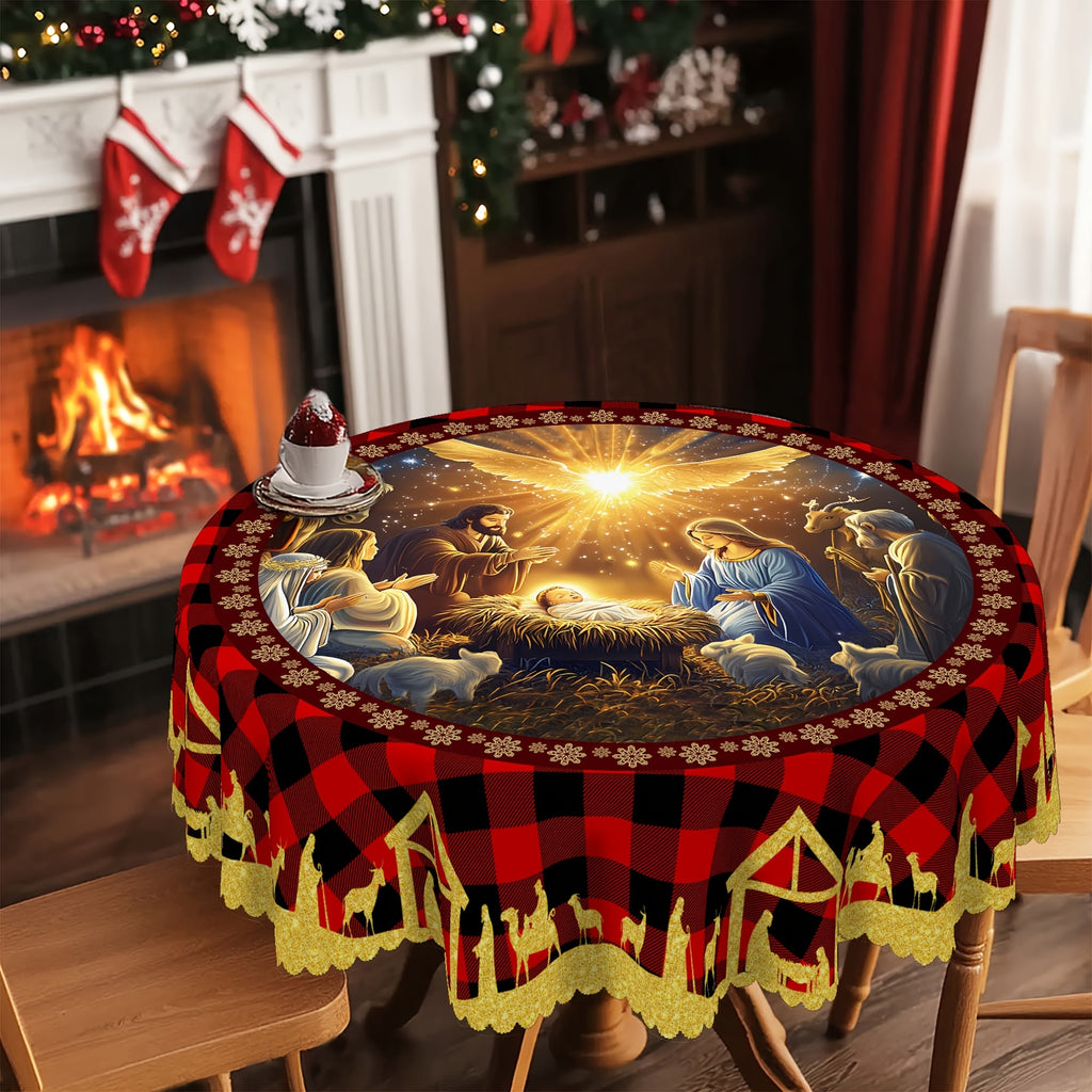 Merry Christmas Tablecloth - Nativity Scene Design, Waterproof & Wrinkle-Free Polyester, Embossed Edges, Round or Rectangle Shape - Perfect for Holiday Dining & Decor