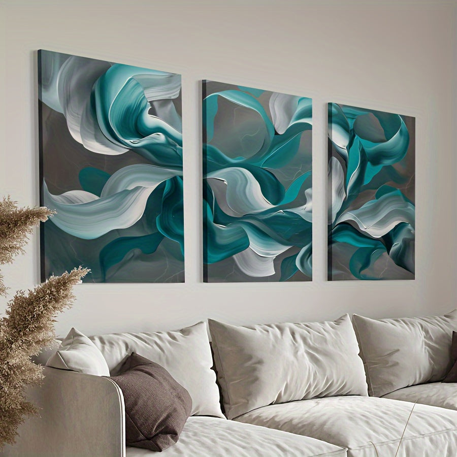 3pcs/set Teal Fluid Abstract Framed Canvas Poster - Modern Wall Art - For Bedroom, Living Room, and Corridor - Ideal Decor and Room Decoration Gift for Art Lovers