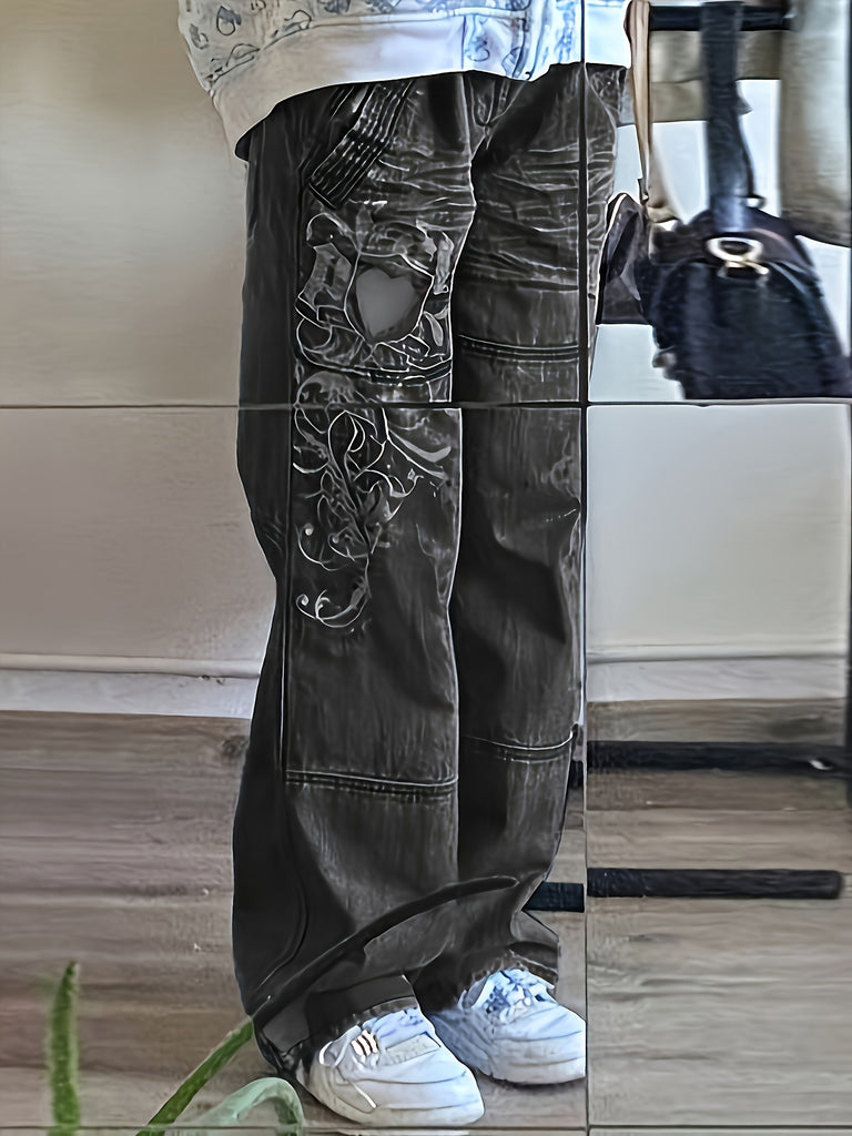 Emmiol Washed Heart Pattern Cargo Jeans