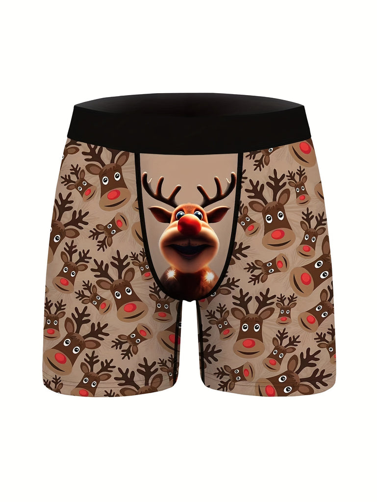 2pcs Men's Fashion Boxer Briefs with Christmas Elk Print - Comfortable, Quick-Dry & Breathable High Stretch Underwear for Casual Attire