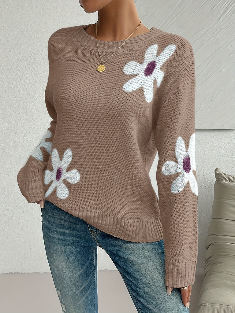 Floral Drop Shoulder Sweater for Women, Long Sleeve Crew Neck Pullover for Winter & Fall