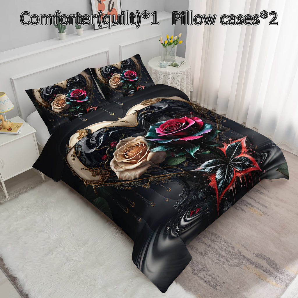 Colorful Rose Comforter Set, Floral Theme Bedding Set, Soft Polyester, 3pcs (1 Comforter and 2 Pillowcases)