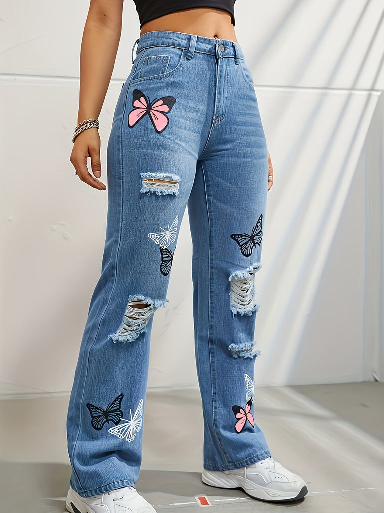 Women's Butterfly Print Cut Holes Cut Fashion Denim Straight Leg High Waist Color Denim Pants