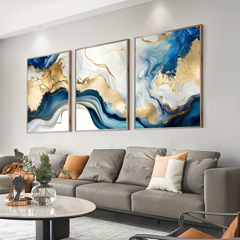 3-Piece Wooden Frame Modern Abstract Canvas Art Set - Blue Golden Hues Graphic Design - For Bedroom & Living Room Decor - Perfect Gift for Art Lovers & Home Decor Enthusiasts