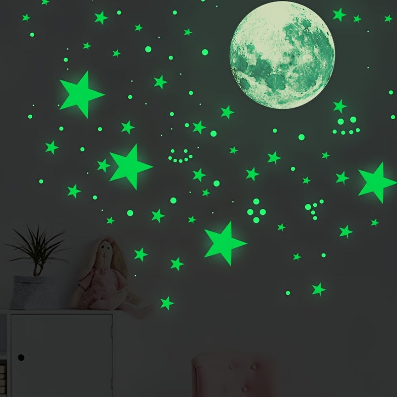 5pcs Glow-in-the-Dark Wall Decals - Luminous Moon, Stars & Dots Stickers for Bedroom and Living Room Ceiling Decor, Fluorescent Green, Self-Adhesive