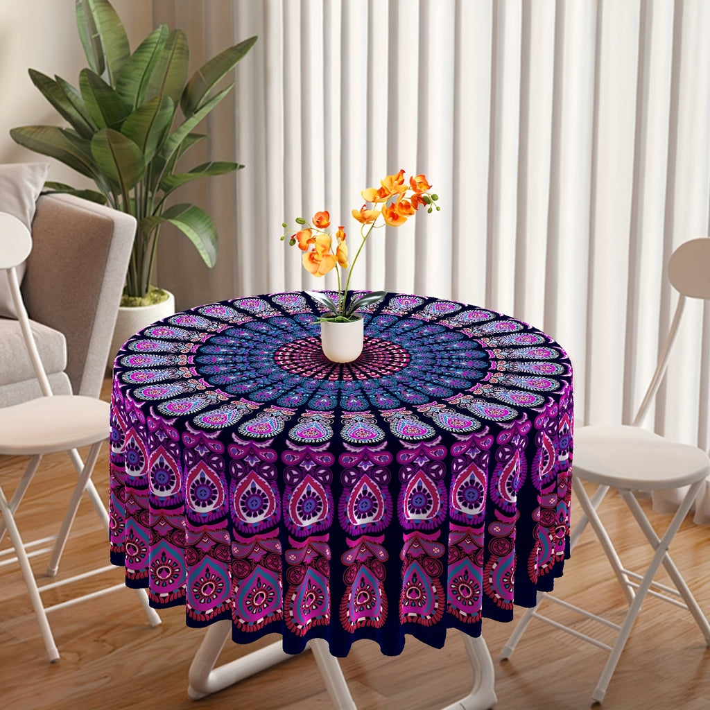 1pc Vibrant Round Mandala Tablecloth - 63 Inch Stain Resistant, Absorbent, and Wrinkle-Free Circle Table Cover with Boho Ethnic Style for Home Kitchen Dining Party Patio Indoor and Outdoor Use, Room Decor, Scene Decor, Easy Care, and Durable