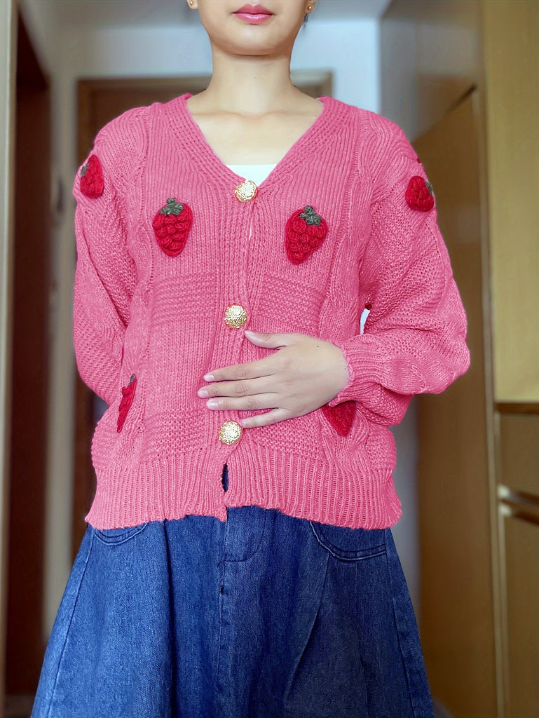 Strawberry Pattern Button Down Cable Knit Cardigan, Elegant Long Sleeve Sweet Sweater, Women's Clothing