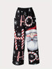 Christmas Print Wide Leg Pants, Casual Elastic Waist Pants With Pocket, Women's Clothing