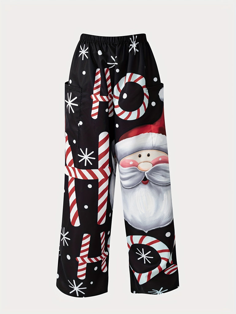 Christmas Print Wide Leg Pants, Casual Elastic Waist Pants With Pocket, Women's Clothing