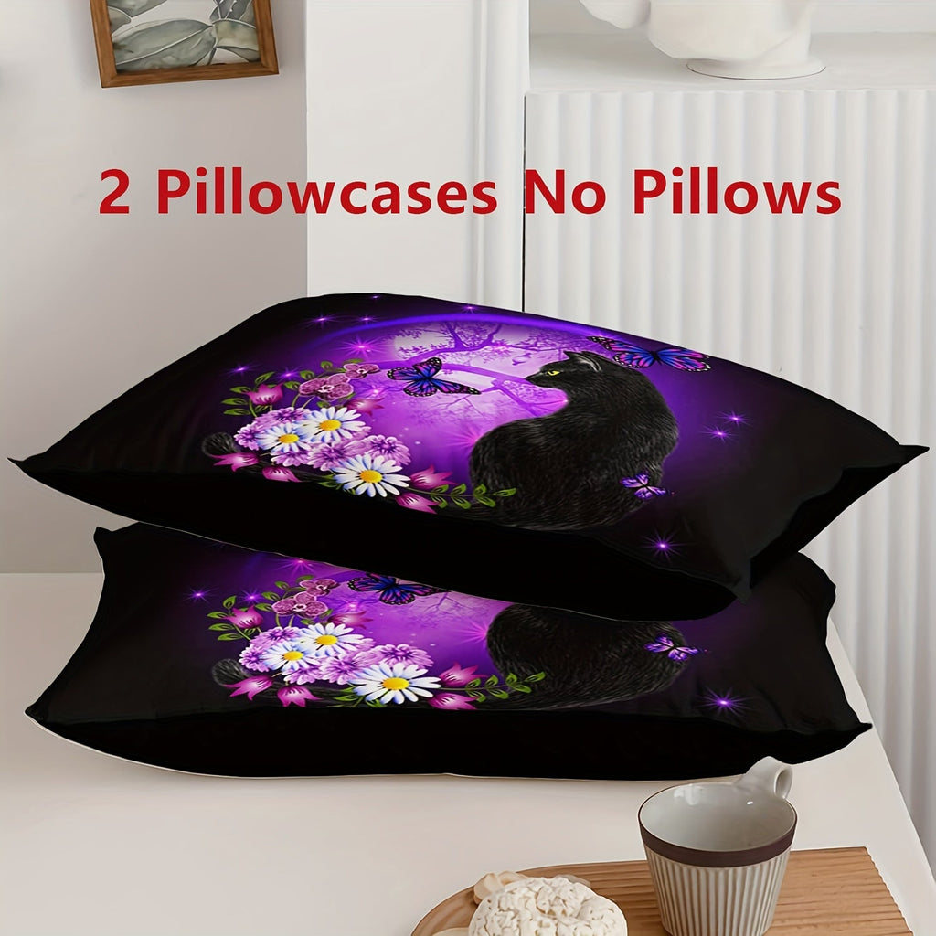 3pcs Purple Cartoon Cat Print Comforter Set, Daisy Butterflies Printed Soft Comfortable Comfortable Bedding Set, For Bedroom Guest Room Dorm (1*Comforter + 2*Pillowcase, Without Core)