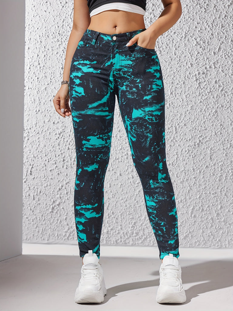 All Over Print Casual Skinny Jeans, Slim Fit Mid-Stretch Tight Jeans, Women's Denim Jeans & Clothing