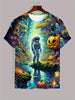 Men's Astronaut and Pumpkin Pattern Printed T-shirt - Lightweight Short sleeved Round Neck, Perfect for Outdoor Adventure and Daily Style