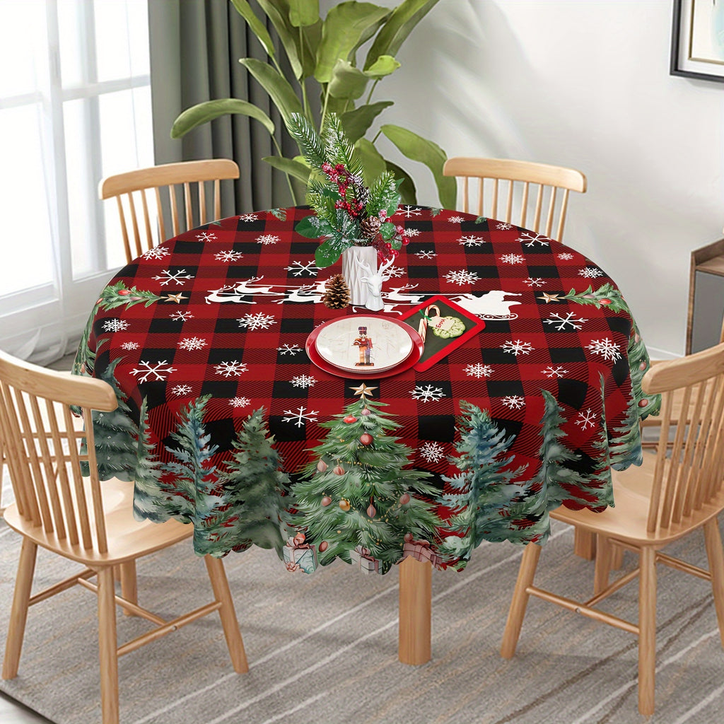 Christmas tablecloth - Vibrant Christmas Tablecloth - Premium Polyester, Red Buffalo Plaid, Pine Trees & Snowflakes, 52x70 inches - Holiday Dining Decor - For Christmas Celebrations - Perfect Gift Idea - Deck the Halls in Style