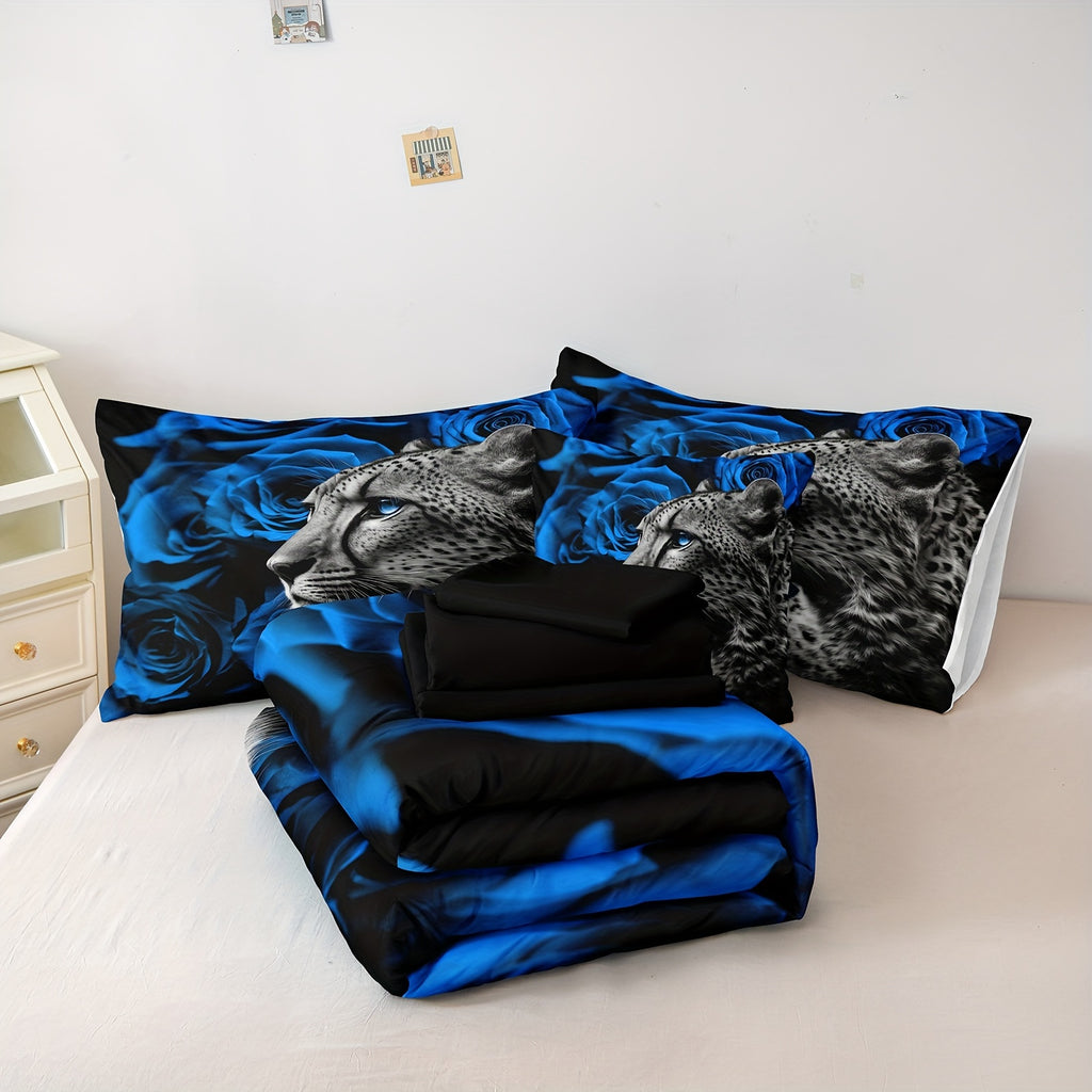 8 Pieces Cheetah Leopard Bed In A Bag Blue Rose Comforter Set Blue Flower Bedding Tiger Lion Wild Animal Comforter Set 200g Microfiber Filling Soft Lightweight Comforter Set For All Seasons