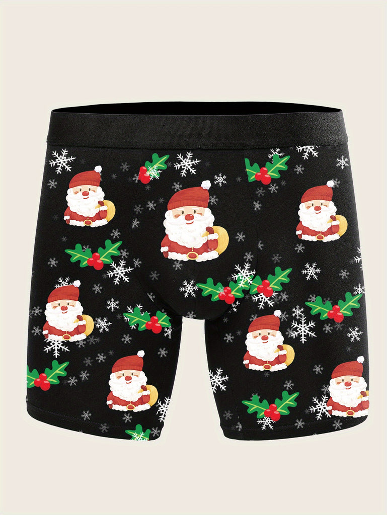 1pc Festive Christmas Cartoon Santa Print Men'S Boxer Briefs, Stretch Knit Polyester with Spandex Lining, Comfortable Breathable Holiday Underwear, No Waistband - Multiple Sizes Available