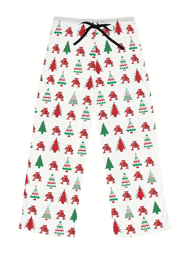 Women's Comfy Christmas Tree Print Wide-Leg Pants - Stretchy, Casual Sleepwear with Drawstring Waist, Machine Washable