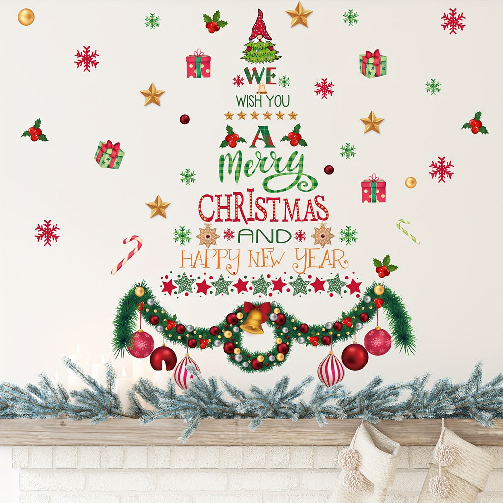 1PC Merry Christmas Wall Decals Stickers, Christmas Tree Quote Wall Sticker DIY Wall Art Decal Removable Christmas Window Adhesive Decal Sticker, Suitable For Bedroom Living Room Bedroom Window Door Decoration