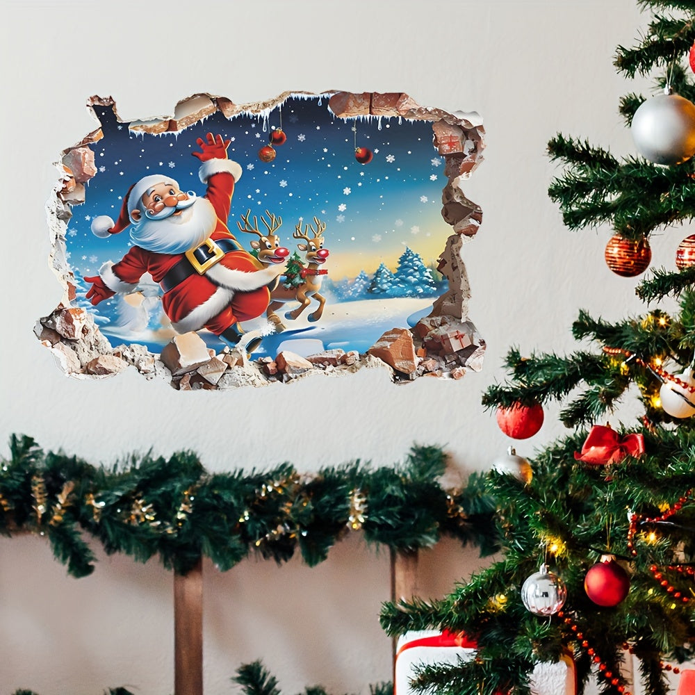 Santa Claus and Reindeer Christmas Wall Decal Sticker, PVC Self-Adhesive Single Use, Cartoon Irregular Shape, for Glass and Smooth Surfaces, 15.7 x 23.6 inches, Festive Decoration for Kitchen, Bedroom, Bathroom - 1pc