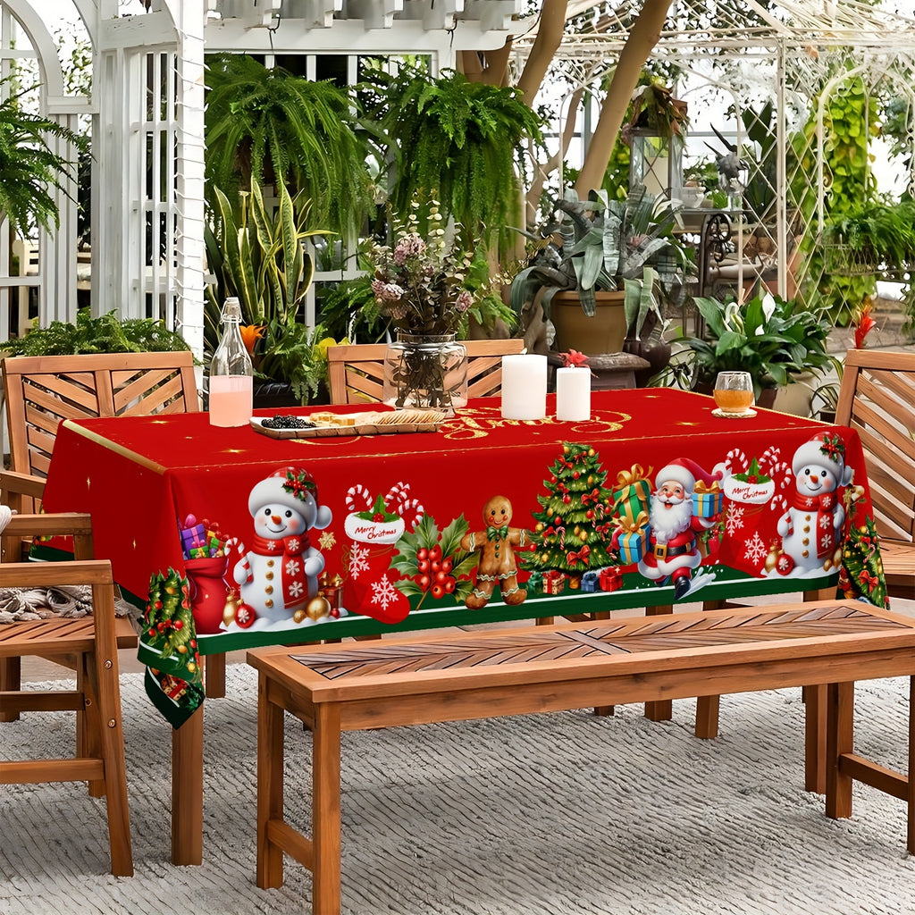 Merry Christmas Tablecloth with Santa, Snowman & Gingerbread for Man Design - Waterproof Polyester, Stain-Resistant Holiday Decor for Dining Room, Perfect for Home & Restaurant Use, Christmas Decor