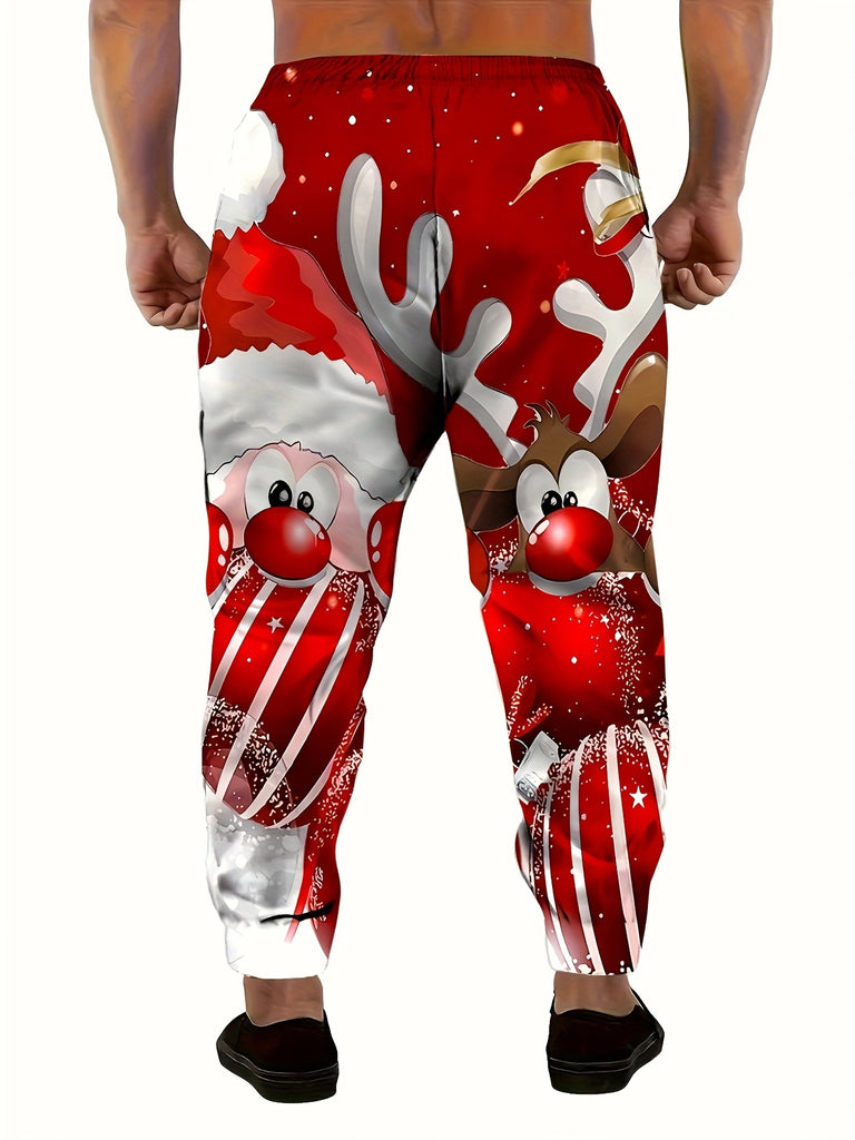 Men'S 3D Christmas Santa and Reindeer Print Sweatpants with Drawstring and Pockets, Casual Style, Polyester Knit Fabric, Regular Fit