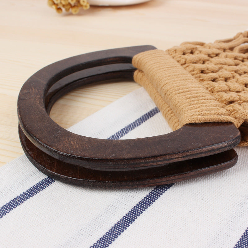 New Wooden Handle Portable Net Bag Straw Woven Bag Cotton Rope Hand-woven Bag
