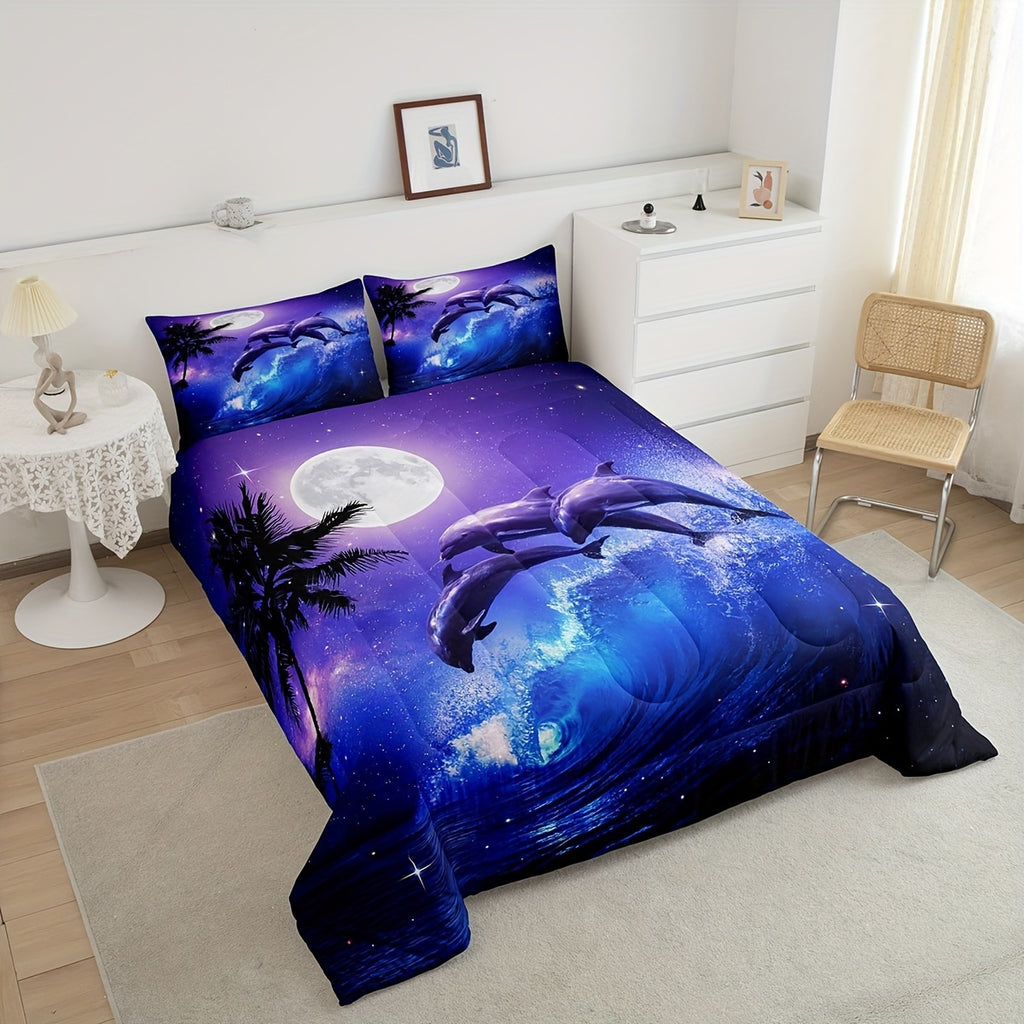 Castle Fairy Dolphin Comforter Set Twin/Full/Queen Size, Ocean Waves Duvet Insert For Women Men Room Decor, Moonlight At Night Quilted Duvet, Starry Sky Stars Quilt Cover With 1/2 Pillowcases, 2/3Pcs