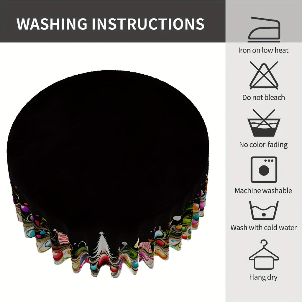 Christmas Tree and Ornament Design Round Tablecloth, Cartoon Polyester Fabric, Machine Woven, Festive Holiday Table Cover, 63 Inch Diameter, Black with Colorful Christmas Style Decoration for Dining and Outdoor Picnics