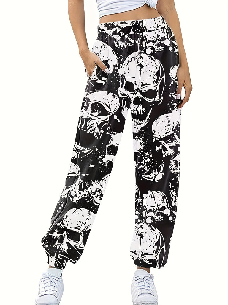 Spooky Halloween Skull Print Long Joggers - Casual, Drawstring, Micro Elastic Waist, Polyester Fabric, Machine Washable, Random Print Design - Womens All-Season Loose Fit Pants For Adults